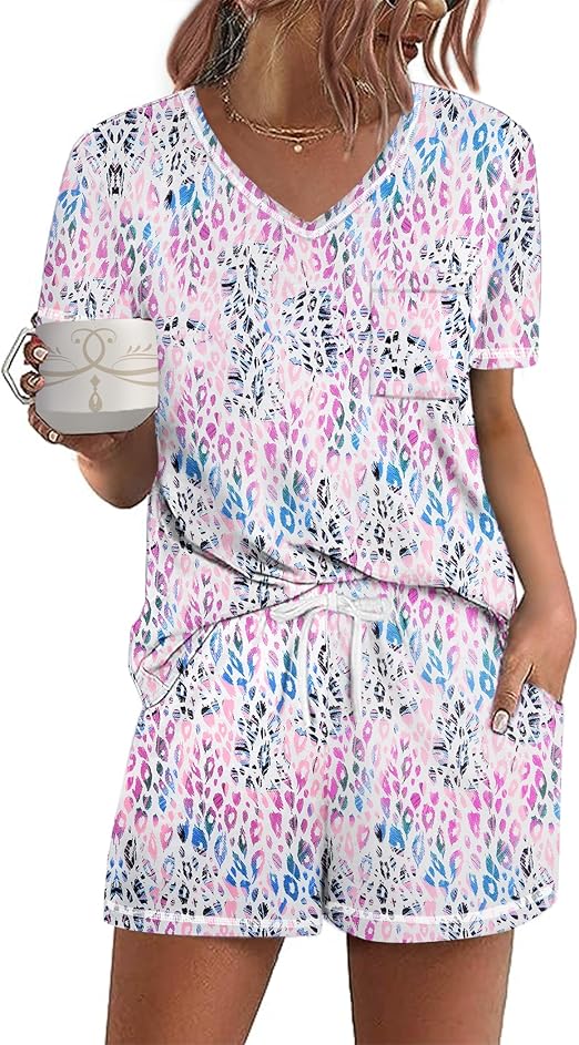Ekouaer Women's Pajamas Sets Short Sleeve Lounge Sets Sleepwear Casual Two Piece Pjs With Pockets