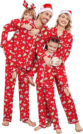 Ekouaer Christmas Family Matching Pajamas Long Sleeve Button Down Pj Set Festival Party Sleepwear Christmas Red XL