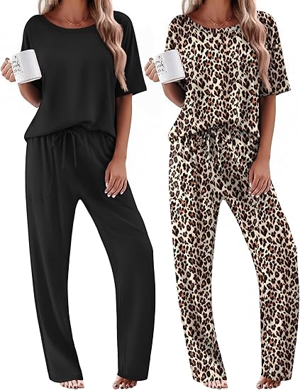 Ekouaer 2 Pack Womens Pajama Sets Short Sleeve Tops and Long Pants Casual Comfy Pjs Lounge Set with Pockets