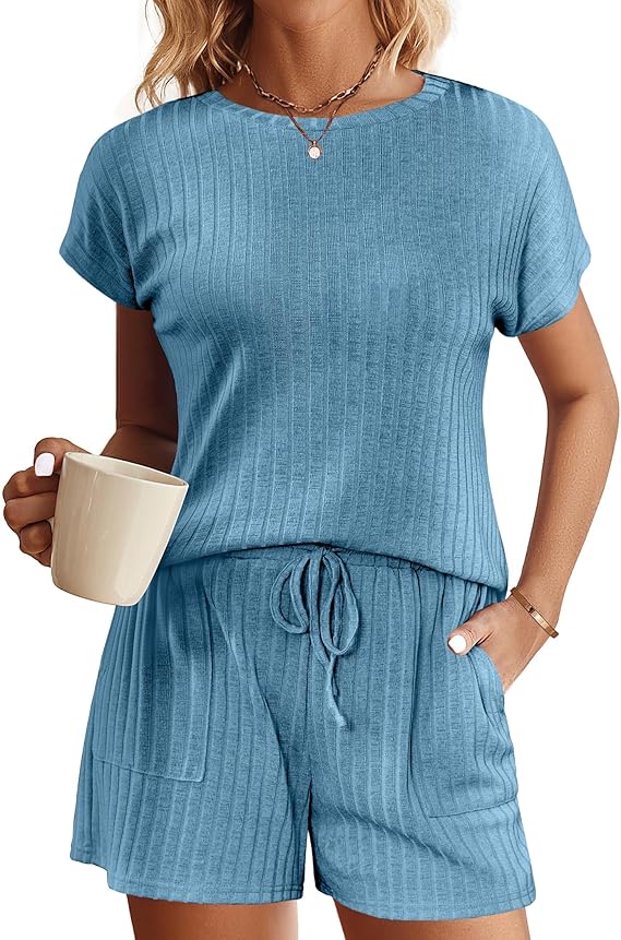 Ekouaer Pajamas Set for Women 2 Piece Pjs Ribbed Knit Lounge Set Cap Sleeve Loungewear Sleepwear