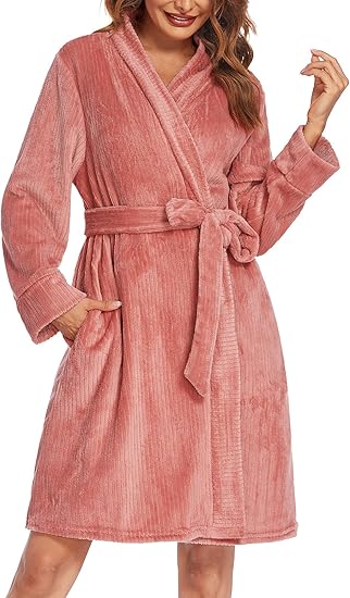 Ekouaer Women Fleece Bathrobe Plush Short Robe Long Sleeve Robe Attached Belt Soft Sleepwear Ladies Loungewear