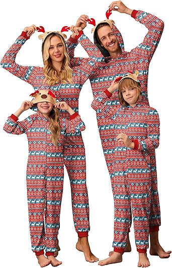 Ekouaer Christmas Onesie Matching Family Elk Antler Hooded Zipper One Piece Long Sleeve Pajamas with Pockets