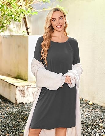 Ekouaer Women Maternity Nightgown Labor Delivery Nursing Gown Hospital Breastfeeding Dress Button Down Long Sleeve Sleepwear