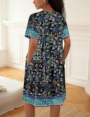 Ekouaer House Dress for Women Button Down Nightgown Short Sleeve Housecoat with pockets