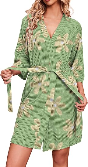 Ekouaer Robes for Women Waffle Knit Bathrobe Soft Lightweight Knee Length Loungewear