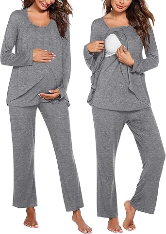 Ekouaer Maternity Nursing Pajama Set Long Sleeve Top & Pants with Pockets Breastfeeding Sleepwear Double Layer Pregnancy