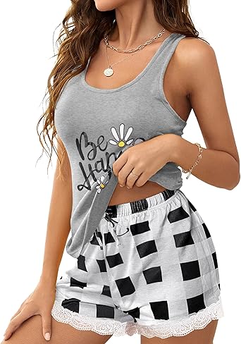 Ekouaer Womens Pajama Sets Sleeveless Tank Top and Shorts Pj Set Lace Hem Sleepwear