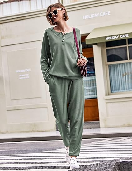 Ekouaer Pajamas Women's Waffle Knit Sleepwear Long Sleeve Top with Pants Casual Pjs Loungewear