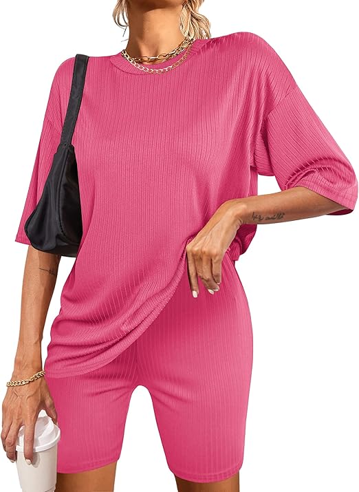 Ekouaer Pajamas 2 Piece Lounge Sets Ribbed Knit Matching Outfits T-shirt Biker Shorts Sleepwear Loungewear Sweatsuits