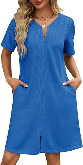 Ekouaer Women Zipper Robes Waffle Short Bathrobe Lightweight House Coat with Pockets Soft Nightgown