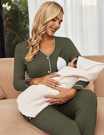 Ekouaer Maternity Pajama Set Button Down Nursing Pajamas Long Sleeve Breastfeeding Loungewear with Adjustable Pants