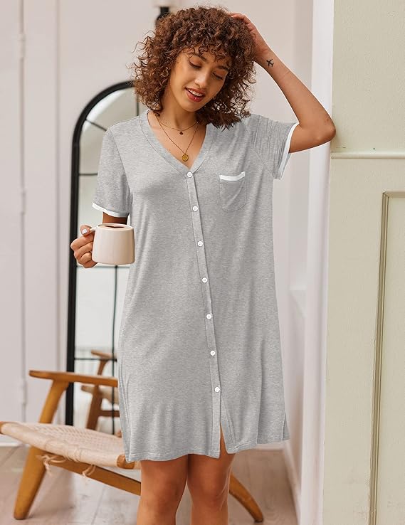 Ekouaer Nightgowns for Women Button Down Pajamas Tops Short Sleeve Sleepwear V-Neck Sleepwear
