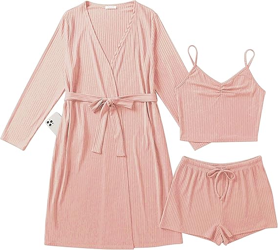 Ekouaer Rib Knit Pajamas Set for Women 3 Piece Lounge Sets Soft Cami and Shorts Pjs with Cardigan Loungewear