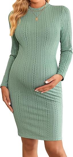 Ekouaer Maternity Dress Mock Turtleneck Pregnancy Dress Rib Knit Stretchy Bodycon Baby Shower Dress