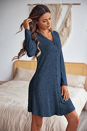 Ekouaer Nightgowns for Women Button Down Night Shirt Long Sleeve Ribbed Knit V-Neck Sleepwear Pajama Dress