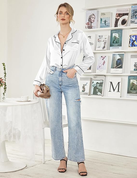 Ekouaer Women's Classic Button Down Long Satin Silk Pajama Set