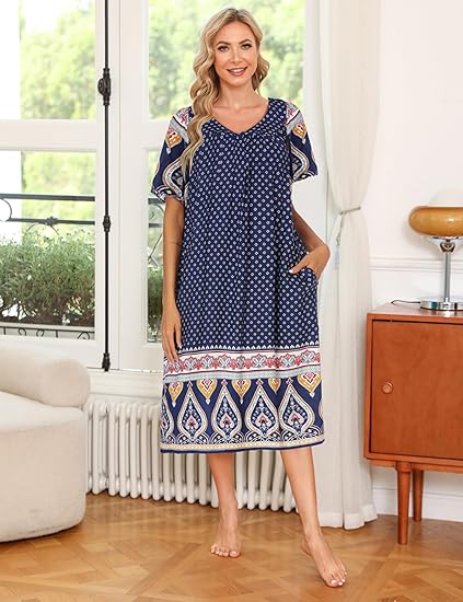 Ekouaer Womens Nightgown Short Sleeve House Dress with Pockets-Floral Print Mumu Dress