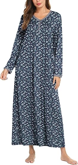 Ekouaer Women's Long Sleeve Nightgown Full Length Sleepwear Long Sleepshirts Henley Sleep Dress