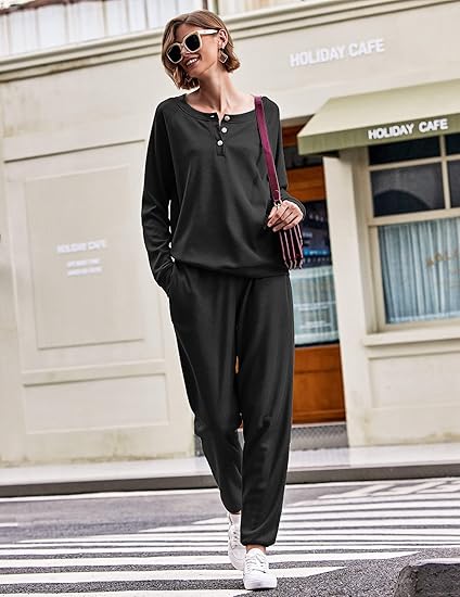 Ekouaer Pajamas Women's Waffle Knit Sleepwear Long Sleeve Top with Pants Casual Pjs Loungewear