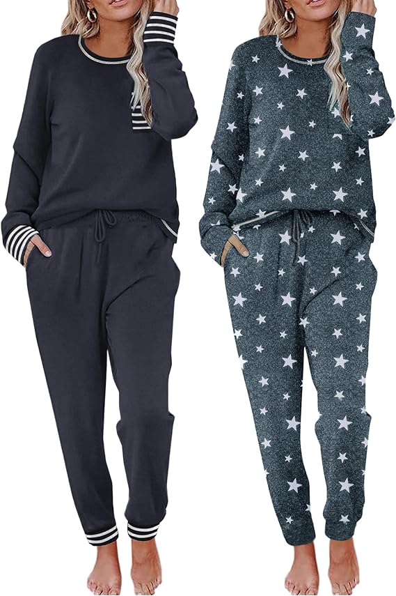 Ekouaer 2 Pack Womens Pajama Sets Long Sleeve Lounge Sets Soft Pj Sleepwear Loungewear