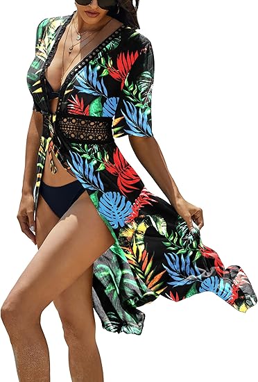 Ekouaer Women's Swimwear Cover Ups Open Front Beach Bikini Swimsuit Cardigan Cover Up Long Flowy Beachwear
