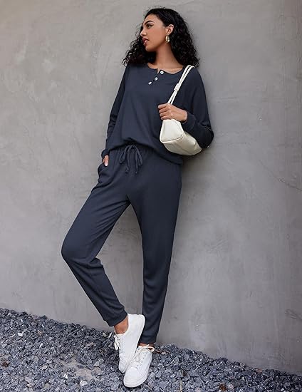 Ekouaer Pajamas Women's Waffle Knit Sleepwear Long Sleeve Top with Pants Casual Pjs Loungewear