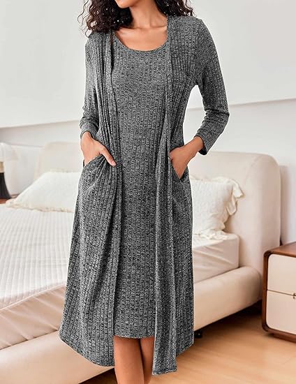 Ekouaer Womens Knit Robe Set 2 Piece Nightgown with Robes Long Sleeves Lounge Sets with Pockets