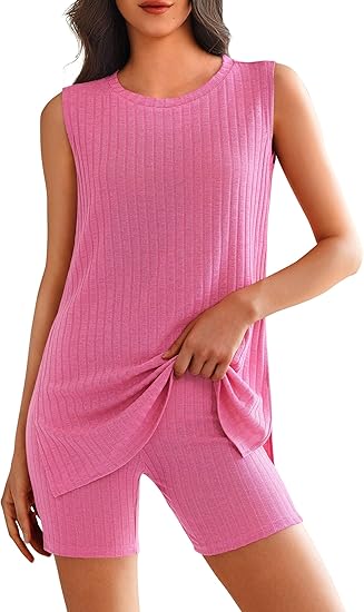 Ekouaer Womens 2 Piece Lounge Set Ribbed Knit Pajamas Sleeveless Sleepwear Biker Shorts Loungewear Outfit