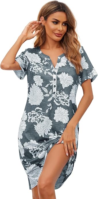 Ekouaer Nursing Nightgown Striped Women Short Sleeve Breastfeeding Sleep Dress Maternity Delivery/Labor Gown Floral Grey