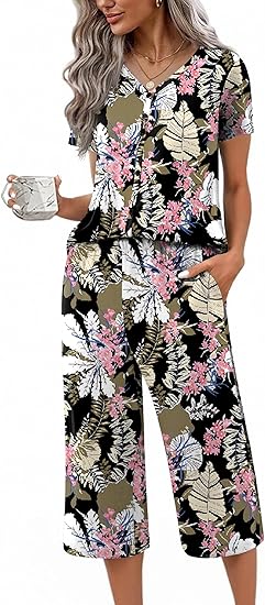 Ekouaer Women's Pajama Sets Short Sleeve Sleepwear Button Up Pj Loungewear Top and Capri Pants with Pockets