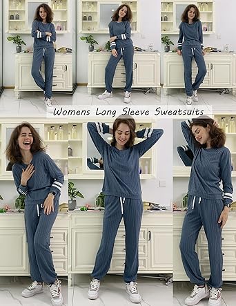 Ekouaer Lounge Sets for Women Ribbed Knit Outfits Pajamas Sets 2 Piece Long Sleeve Sweatsuits with Pockets