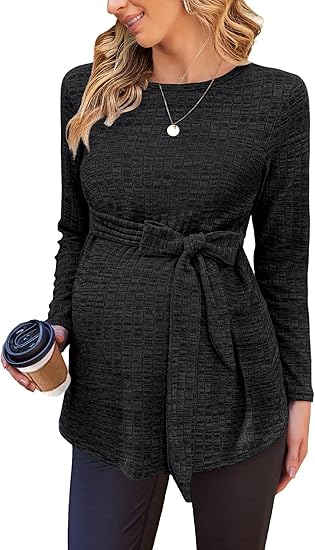 Ekouaer Women's Maternity Shirts Long Sleeve Pregnancy Tops Casual Ribbed Knit Winter Pregnant Blouses