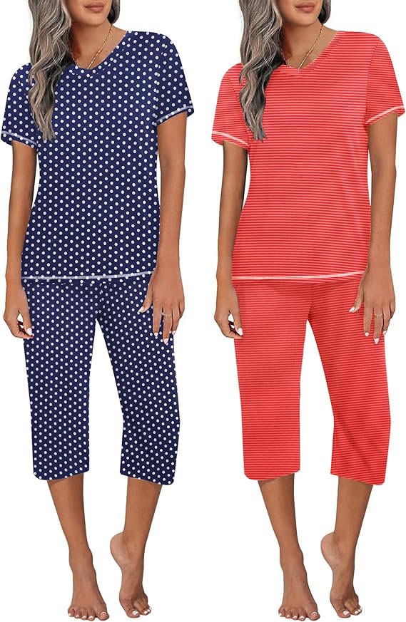 Ekouaer 2 Pack Women's Pajamas Short Sleeve Sleepwear Tops and Capri Pants Pjs