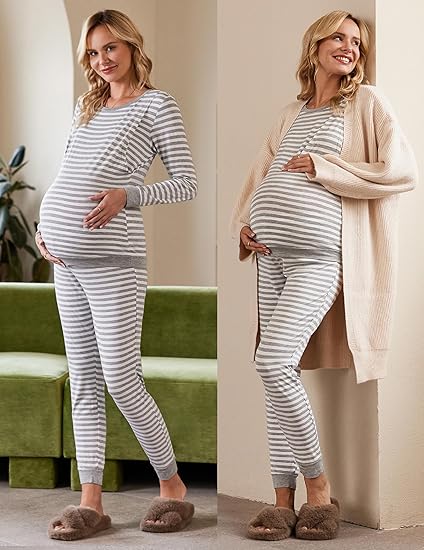 Ekouaer Nursing Pajama Set Long Sleeve Maternity Clothes Labor Pregnancy Pjs Breastfeeding Thermal Underwear Sleepwear