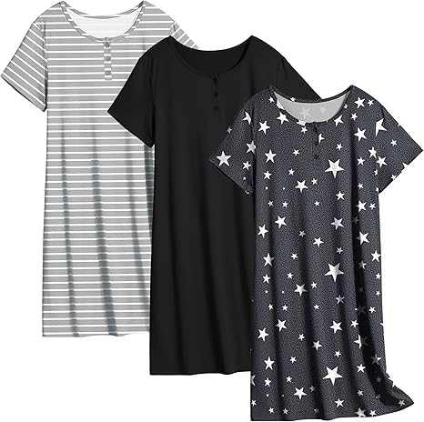 Ekouaer 3 Pack Women's Sleepshirts Soft Sleepwear Short Sleeve T-Shirt Nightgowns Casual Sleepdress Nightshirts