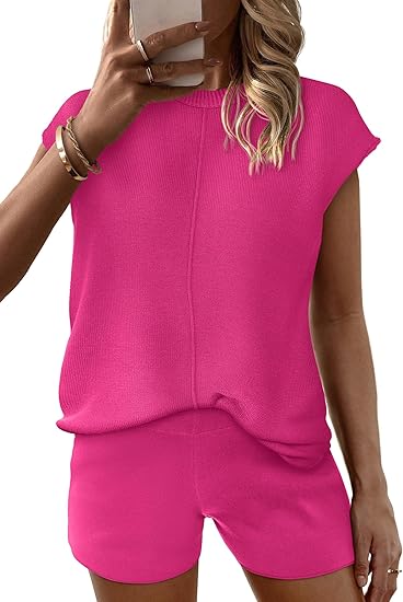 Ekouaer Women's Pajamas Cap Sleeve Knit Lounge Set 2 Piece Soft Pjs Loungewear Sweater Sets