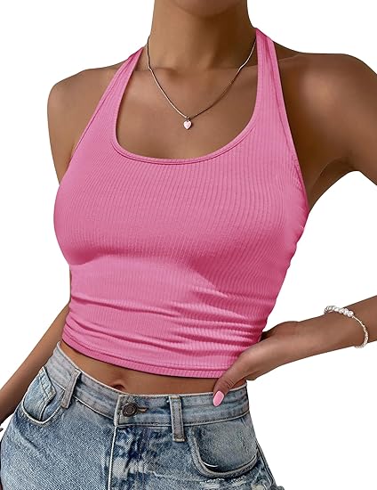 Ekouaer Women Halter Top Backless Scroop Neck Slim Stretchy Ribbed Knit Camisole Crop Tops