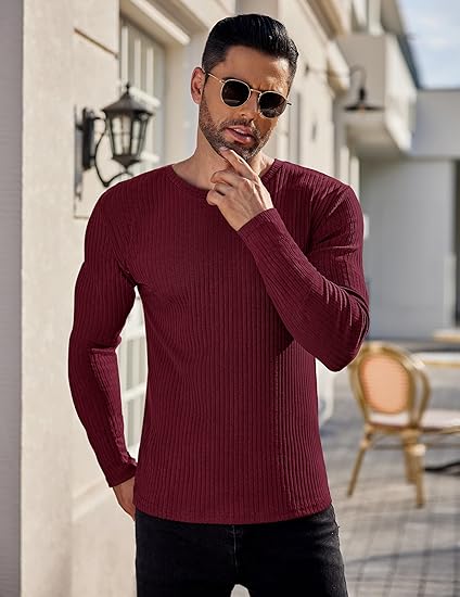 Ekouaer Men's Long Sleeve Shirts Ribbed Pullover Tees Sim Fit Thermal Tops Crew Neck Stretchy Undershirts