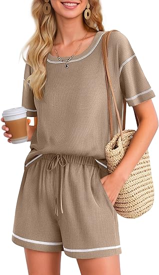 Ekouaer Women's Waffle Knit Two Piece Lounge Set, Soft Matching Outfits for Daily Wear, Casual Shorts Set with Pocket