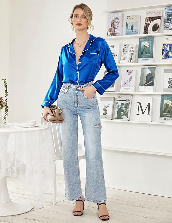 Ekouaer Women's Classic Button Down Long Satin Silk Pajama Set