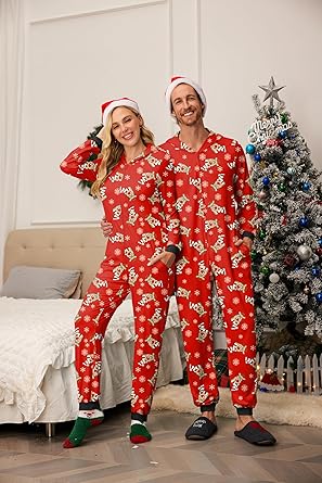 Ekouaer Christmas Onesie Matching Family Elk Antler Hooded Zipper One Piece Long Sleeve Pajamas with Pockets