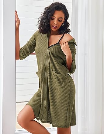 Ekouaer Zipper Robes for Women Waffle Knit Bathrobes Short Lightweight Knee Length Loungewear with Pockets