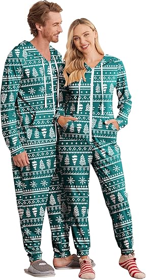 Ekouaer Christmas Onesie for Couples Zipper Hooded Adult Matching Onesie Pajamas with Pockets