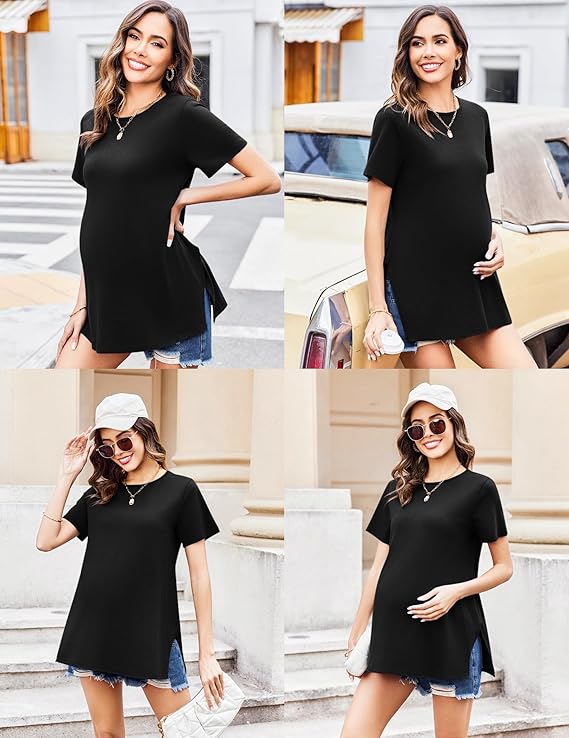 Ekouaer 3 Pack Maternity Shirts Short Sleeve Split Side Pregnancy Tops Casual Pregnant Tunic Blouse