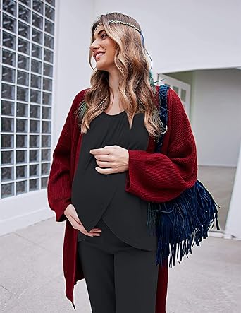 Ekouaer Maternity Nursing Pajama Set Long Sleeve Top & Pants with Pockets Breastfeeding Sleepwear Double Layer Pregnancy