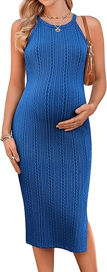 Ekouaer Maternity Dress Rib Knit Side Slit Stretchy Bodycon Pregnancy Dresses Halter Neck Sleeveless Pregnant Clothes