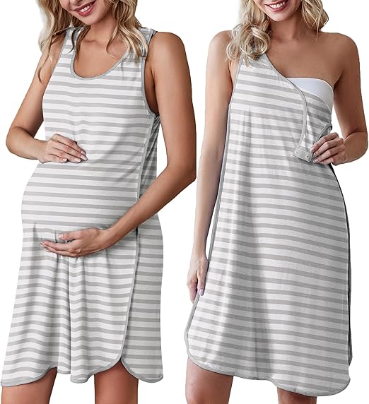 Ekouaer Labor and Delivery Gown for Hospital 3 in 1 Nursing Dress Sleeveless Maternity Snap Button Breastfeeding Nightgown