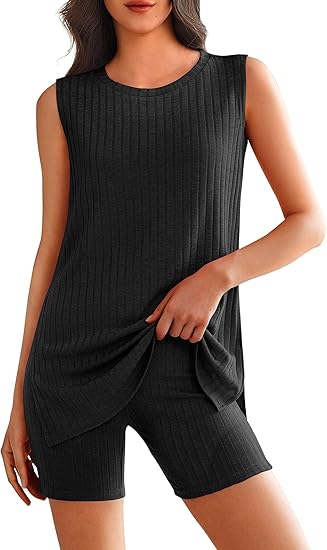 Ekouaer Womens 2 Piece Lounge Set Ribbed Knit Pajamas Sleeveless Sleepwear Biker Shorts Loungewear Outfit