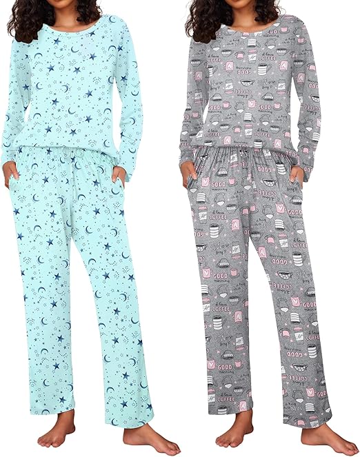 Ekouaer 2 Pack Women's Pajama Set Long Sleeve Top with Jogger Pants Lounge Sets Sleepwear Loungewear with Pockets