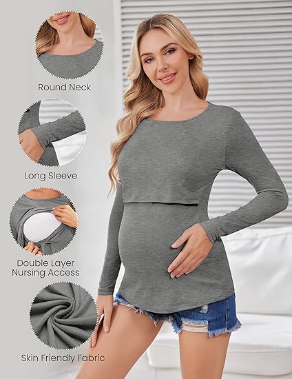 Ekouaer Women 3 Packs Nursing Shirts Long Sleeve Breastfeeding Tops Round Neck Postpartum Clothes Double Layer Maternity Tee